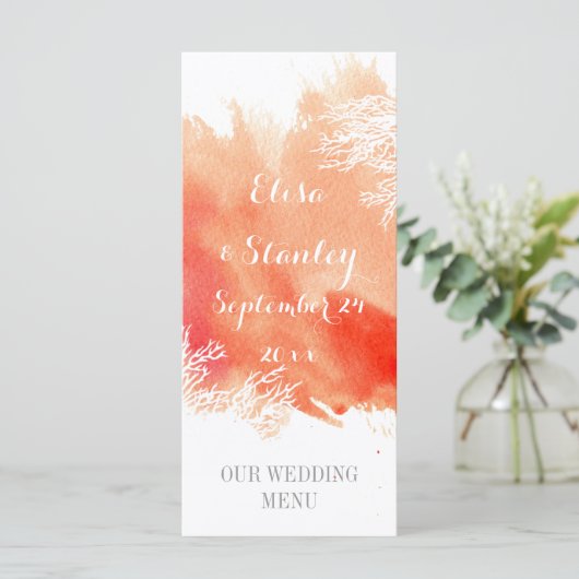 Moderne waterverf splash koraalrif bruiloft menu (Staand voorkant)
