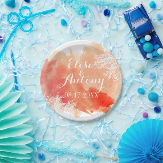 Moderne waterverf splash koraalrif bruiloft papieren bordje (Feest)