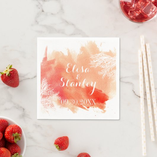 Moderne waterverf splash koraalrif perzik bruiloft servetten (Insitu)