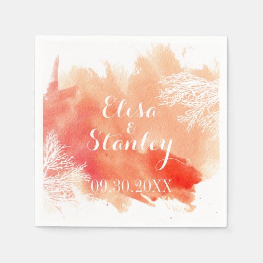 Moderne waterverf splash koraalrif perzik bruiloft servetten (Voorkant)