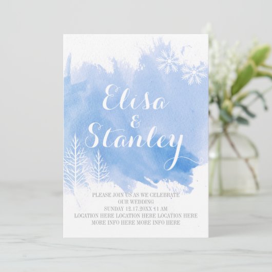 Moderne waterverf splash lichtblauw winterbruiloft kaart (Staand voorkant)