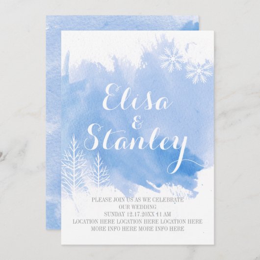 Moderne waterverf splash lichtblauw winterbruiloft kaart (Voorkant / Achterkant)