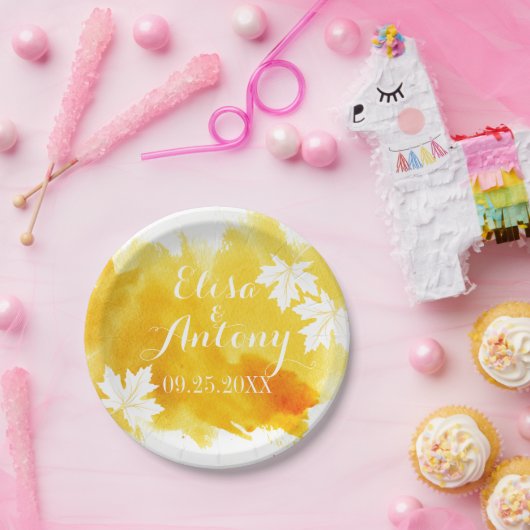 Moderne waterverf splash yellow bruiloft papieren bordje (Feest)