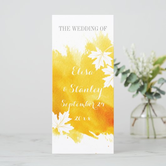 Moderne waterverf splash yellow trouwprogramma programmakaart (Staand voorkant)
