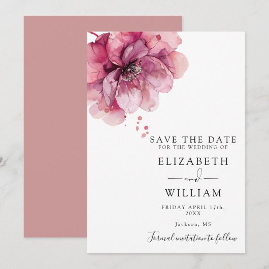 Moderne Waterverf Stof Roze Bloemen Bruiloft Save The Date (Voorkant / Achterkant)