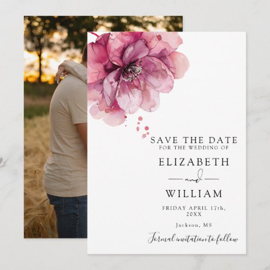 Moderne Waterverf stoffig Roos Bloemen Fotobruilof Save The Date (Voorkant / Achterkant)