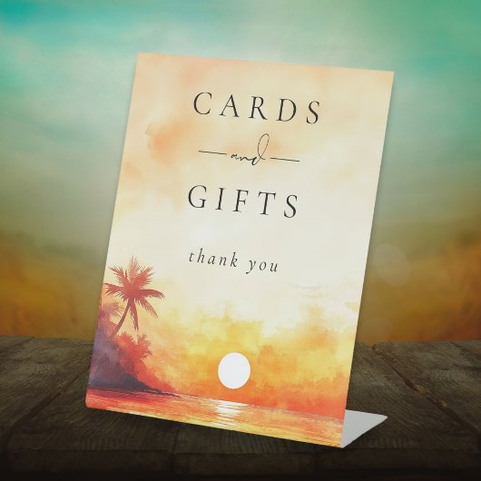 Moderne Waterverf strand zonsondergang Kaarten en Reclamebord Met Voetstuk