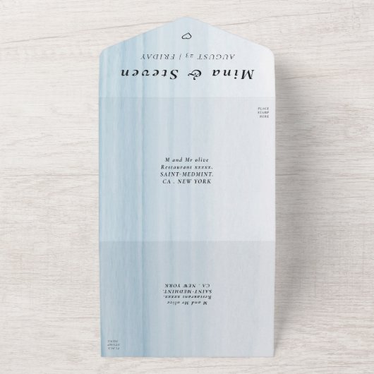 Moderne waterverf strandbruiloft all in one uitnodiging (Buitenkant)