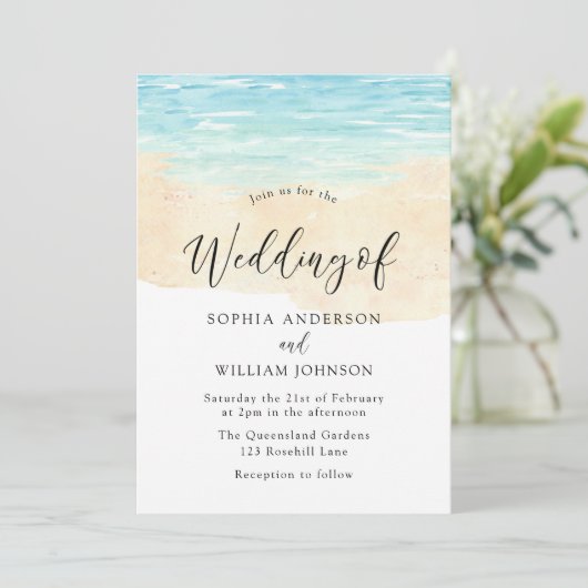 Moderne Waterverf strandbruiloft met waterzand en Kaart (Staand voorkant)
