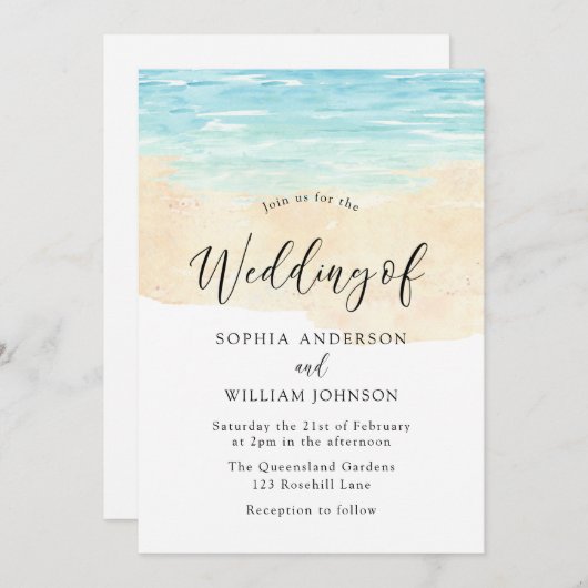Moderne Waterverf strandbruiloft met waterzand en Kaart (Voorkant / Achterkant)