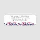 Moderne Waterverf Stusty Blue en Roze Floral Naamplaatje (Voorkant)