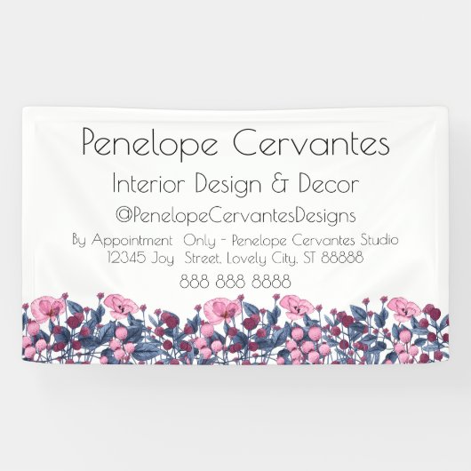 Moderne Waterverf Stusty Blue en Roze Floral Spandoek (Horizontaal)