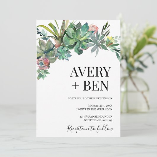 Moderne Waterverf Succulent Groen Bruiloft Kaart (Staand voorkant)