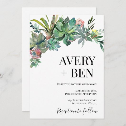 Moderne Waterverf Succulent Groen Bruiloft Kaart (Voorkant / Achterkant)