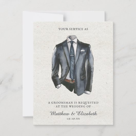 Moderne Waterverf Suit Groomsman-voorstel Verzoek Notitiekaartje (Voorkant)