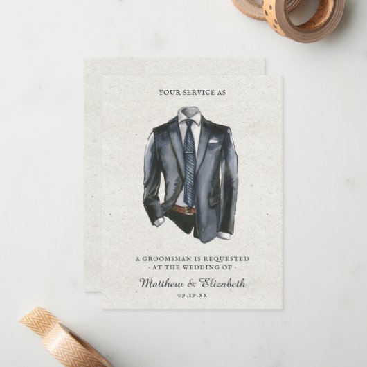 Moderne Waterverf Suit Groomsman-voorstel Verzoek Notitiekaartje (Voorkant / Achterkant in situ)