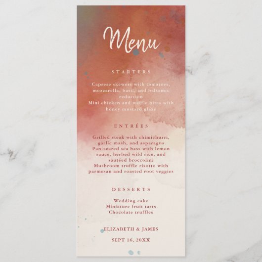 Moderne Waterverf Terracotta Desert Boho Bruiloft Menu (Voorkant)