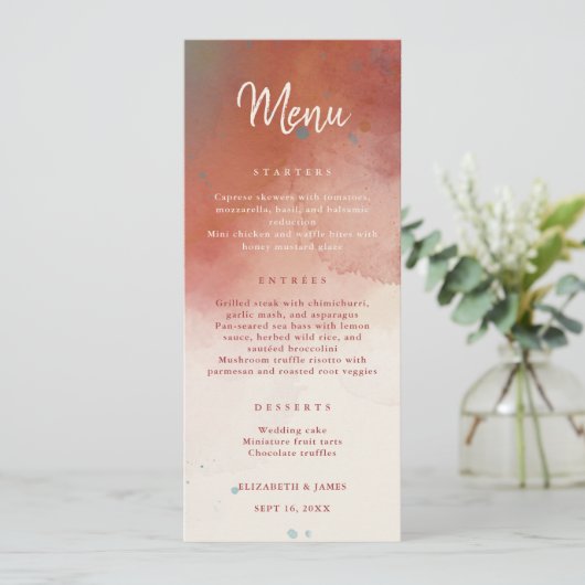 Moderne Waterverf Terracotta Desert Boho Bruiloft Menu (Staand voorkant)
