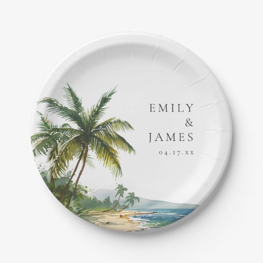 Moderne Waterverf Tropical Beach Bruiloft Papieren Bordje (Voorkant)