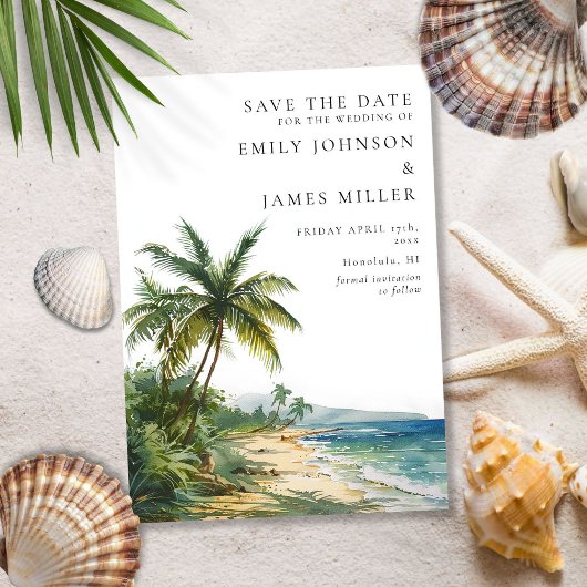 Moderne Waterverf Tropisch Palmstrand Bruiloft Save The Date