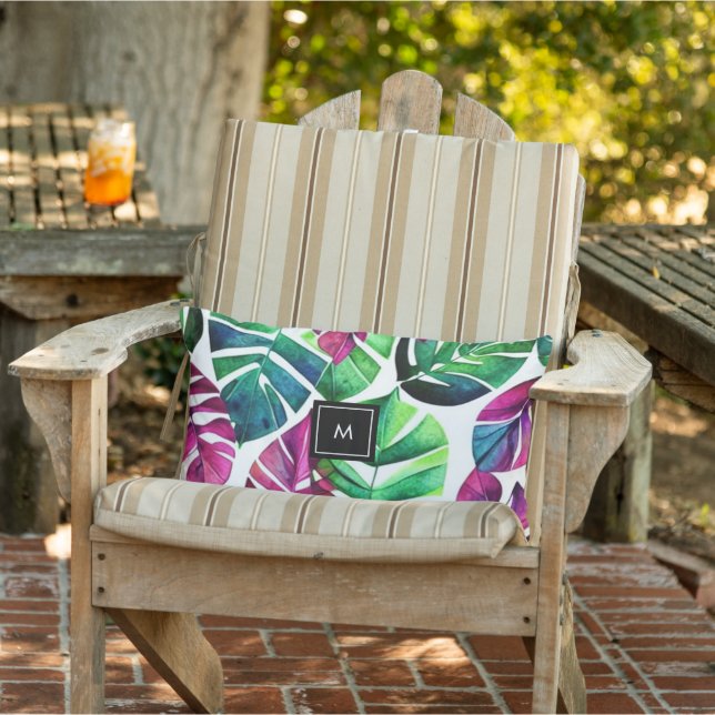 Moderne waterverf tropische bladeren, monogrammen buitenkussen (Stoel)