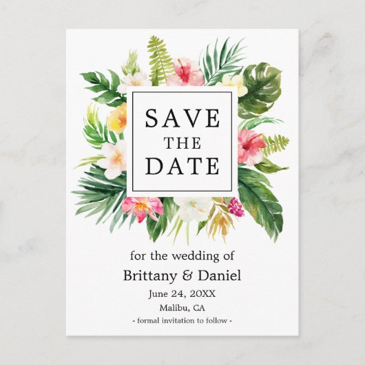 Moderne Waterverf Tropische Bloemen Bewaar de Datu Aankondigingskaart (Voorkant)