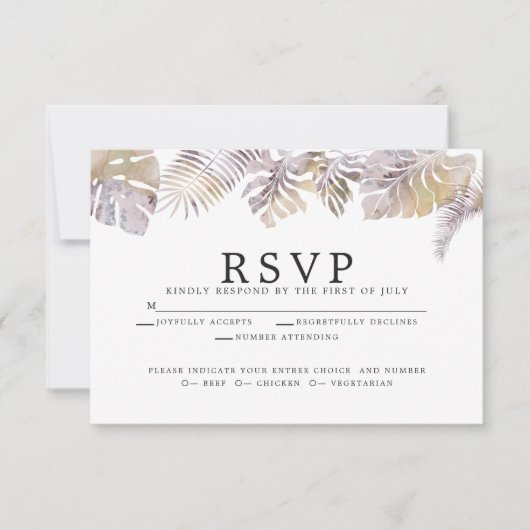 Moderne Waterverf Tropische Foliage Mauve Gold RSVP Kaartje (Voorkant)