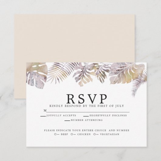 Moderne Waterverf Tropische Foliage Mauve Gold RSVP Kaartje (Voorkant / Achterkant)