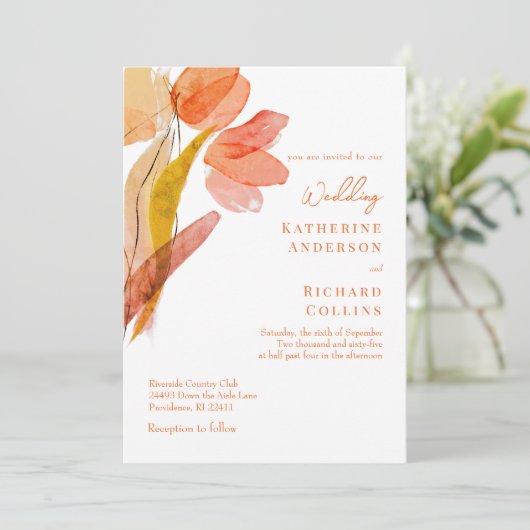 Moderne Waterverf Tulpen Oranje bruiloft Kaart (Staand voorkant)