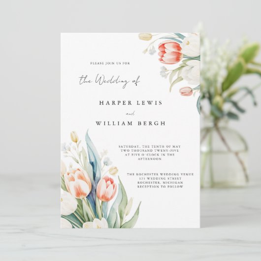 Moderne waterverf tulpen qr code bruiloft kaart (Staand voorkant)