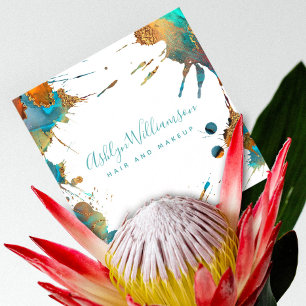 Moderne waterverf turquoise gold oranje splatter vierkante visitekaartje
