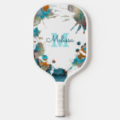 Moderne Waterverf Turquoise Silver Oranje Splatter Pickleball Paddle (Voorkant)