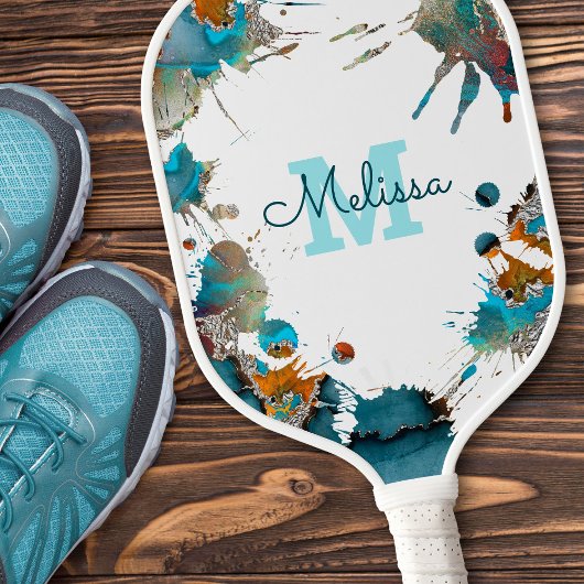 Moderne Waterverf Turquoise Silver Oranje Splatter Pickleball Paddle