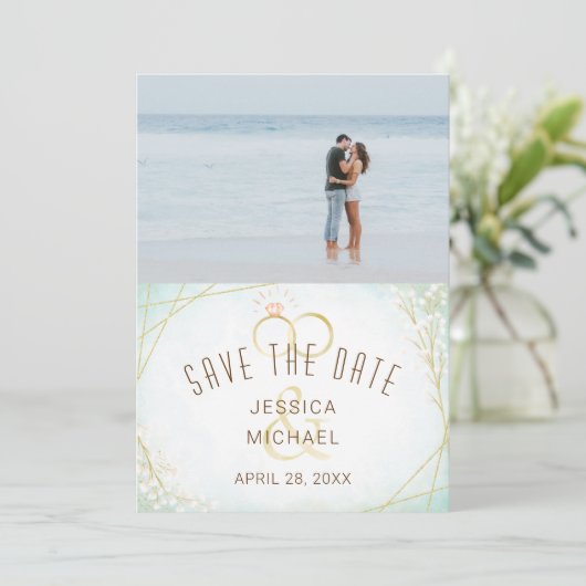 Moderne Waterverf Twig Bloom Geometrische foto Save The Date (Staand voorkant)