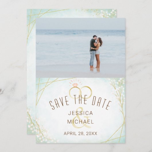 Moderne Waterverf Twig Bloom Geometrische foto Save The Date (Voorkant / Achterkant)