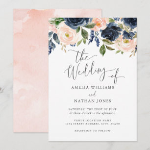 Moderne Waterverf van de Blush Navy Floral Wedding Kaart