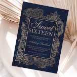 Moderne waterverf van de gouden navy Vary met flor Kaart<br><div class="desc">Een moderne,   en elegante faux gouden hand getekend met faux gouden elegante lijst Sweet 16 verjaardagsfeestuitnodiging op een moderne en stijlvolle,  met de hand geschilderde marinesblauwe waterverf achtergrond.Ideaal voor een prinses Sweet-zestien.</div>