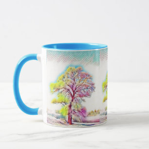 Moderne waterverf van gekleurde sneeuwbomen mok
