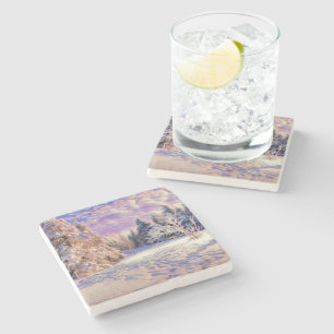 Moderne waterverf van gekleurde sneeuwbomen stenen onderzetter