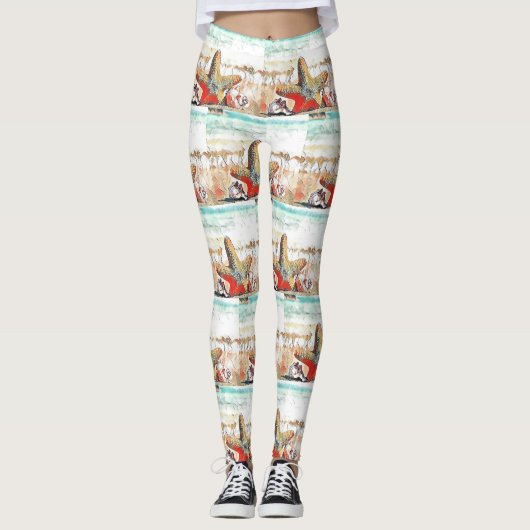 Moderne Waterverf van Oranje zeeschelpen op het st Leggings (Voorkant)