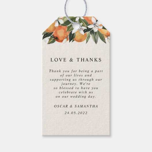 Moderne Waterverf van Sinaasappel en bloemen Cadeaulabel (Voorkant)