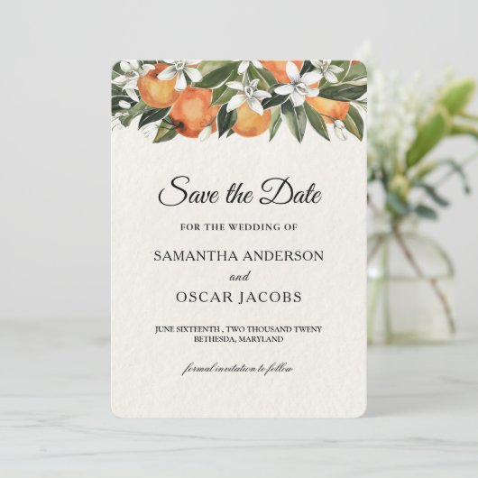 Moderne Waterverf van Sinaasappel en bloemen Save The Date (Staand voorkant)