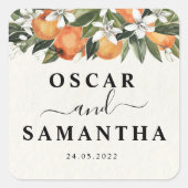 Moderne Waterverf van Sinaasappel en bloemen Vierkante Sticker (Voorkant)