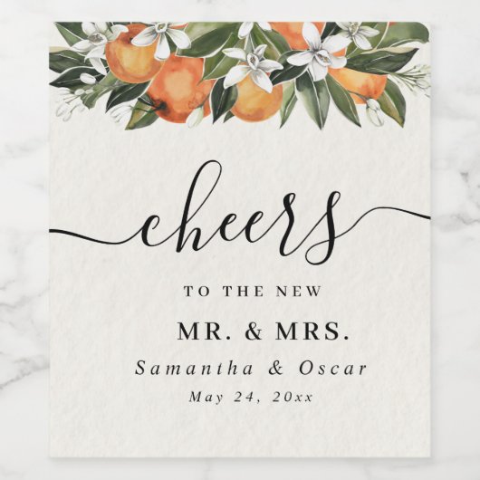 Moderne Waterverf van Sinaasappel en bloemen Wijn Etiket (Enkel label)