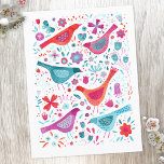 Moderne Waterverf van vogelpest Briefkaart<br><div class="desc">Moderne en hedendaagse waterverf vogels en bloemen in levendige blauwgroen groene,  magenta roze en rood op een witte achtergrond. Originele kunst van Nic Squirrell.</div>