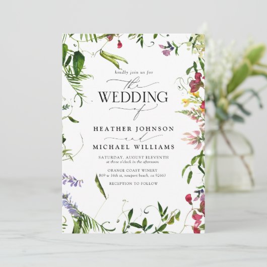 Moderne Waterverf van Wildflower  bruiloft Kaart (Staand voorkant)