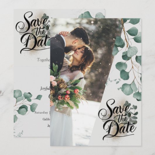 Moderne waterverf veilige groene eucalyptus bruilo save the date (Voorkant / Achterkant)