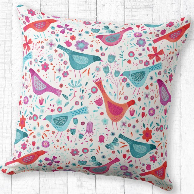 Moderne Waterverf vogels en bloemen kleurrijk Kussen (Watercolor bird and flower pink, orange, red and teal art throw pillow)