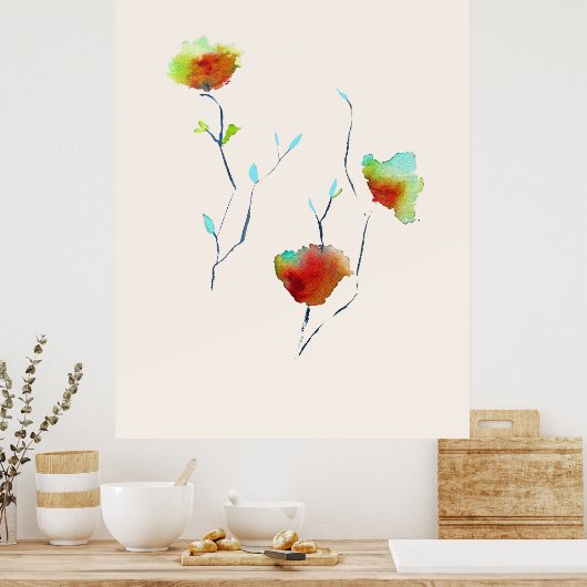 Moderne waterverf voor Abstracte kunstbloemen Poster (Keuken)