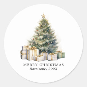 Moderne Waterverf Vrolijke Kerstboom Ronde Sticker